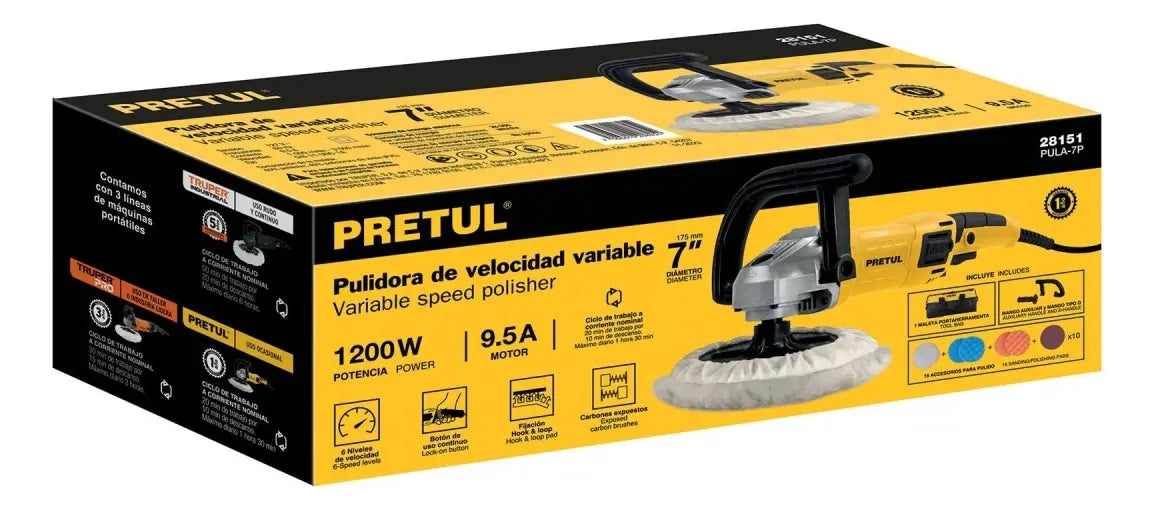 PULIDORA VELOCIDAD VARIABLE 7" 1200W, C/ACCESORIOS, PRETUL