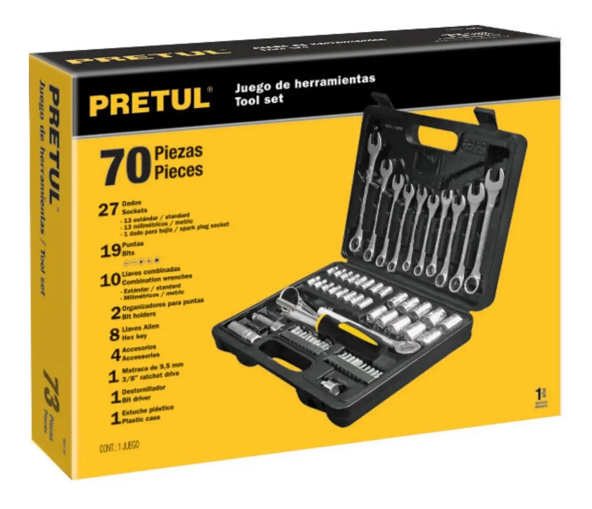 JUEGO DE 70 HERRAMIENTAS 1/4" Y 3/8" PARA MECANICO PRETUL 22981