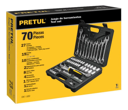 JUEGO DE 70 HERRAMIENTAS 1/4" Y 3/8" PARA MECANICO PRETUL 22981